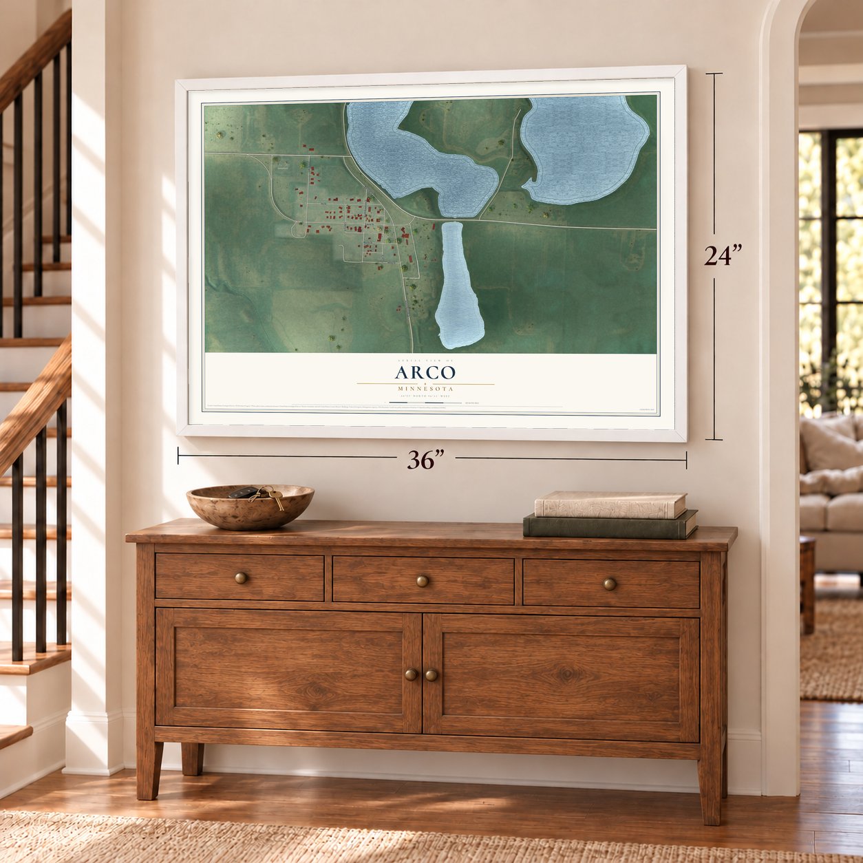 Arco, Minnesota map, 24 x 36 inch print in a white frame above a dresser by a staircase