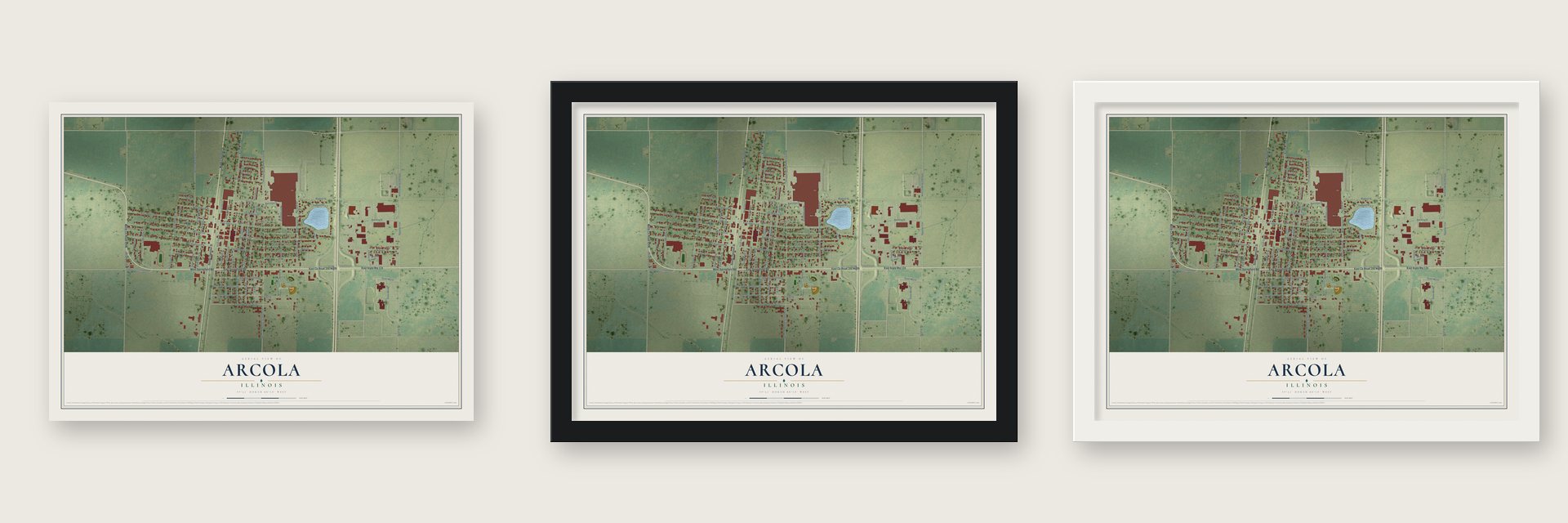 Arcola, Illinois map unframed, in a black wood frame and in a white wood frame