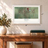 Arcola, Illinois map, 12 x 18 inch print in a white frame in an entryway