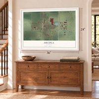 Arcola, Illinois map, 24 x 36 inch print in a white frame above a dresser by a staircase