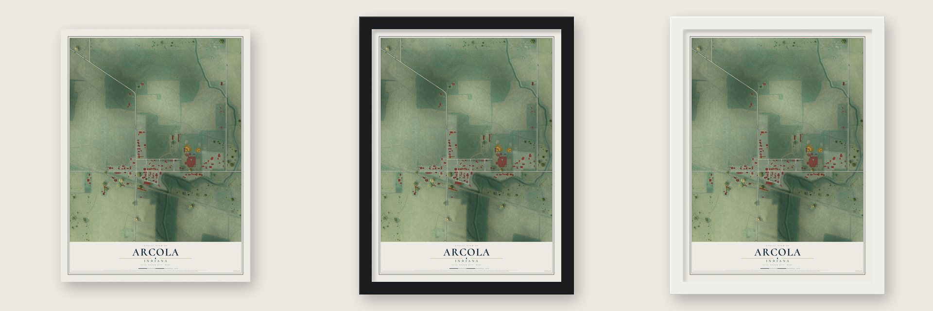 Arcola, Indiana map unframed, in a black wood frame and in a white wood frame