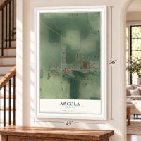 Arcola, Indiana map, 24 x 36 inch print in a white frame by a staircase