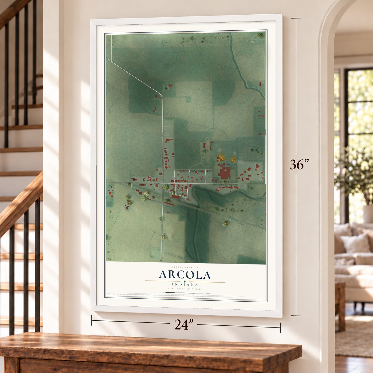 Arcola, Indiana map, 24 x 36 inch print in a white frame by a staircase