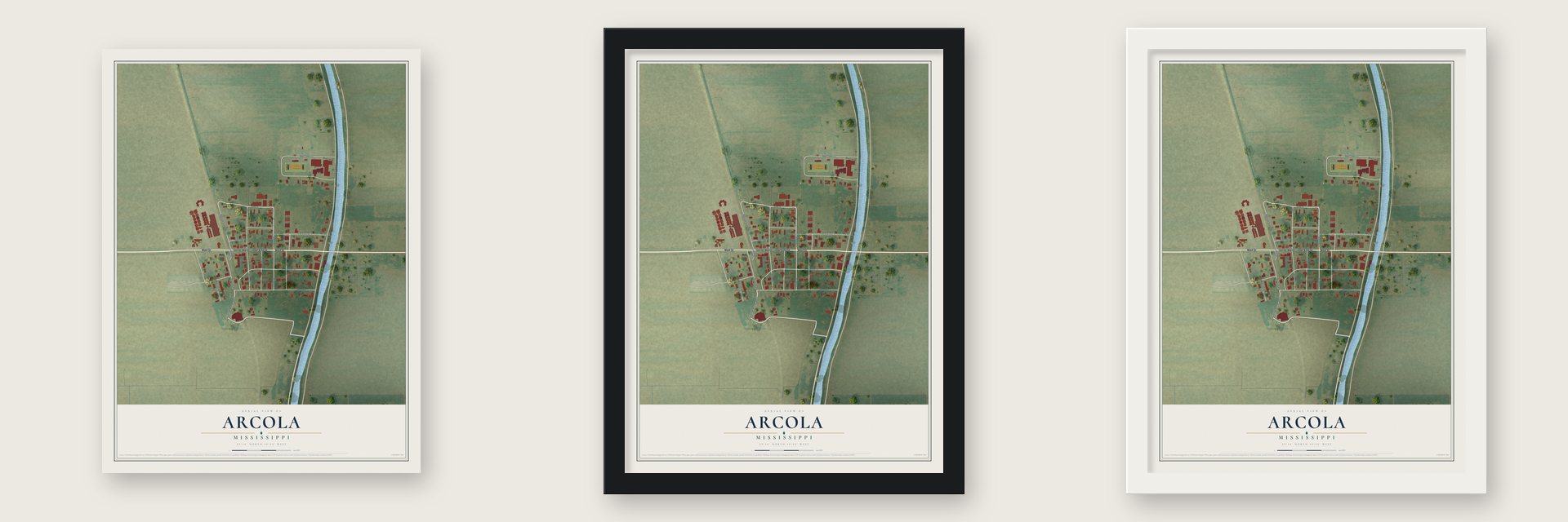 Arcola, Mississippi map unframed, in a black wood frame and in a white wood frame