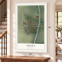 Arcola, Mississippi map, 24 x 36 inch print in a white frame by a staircase
