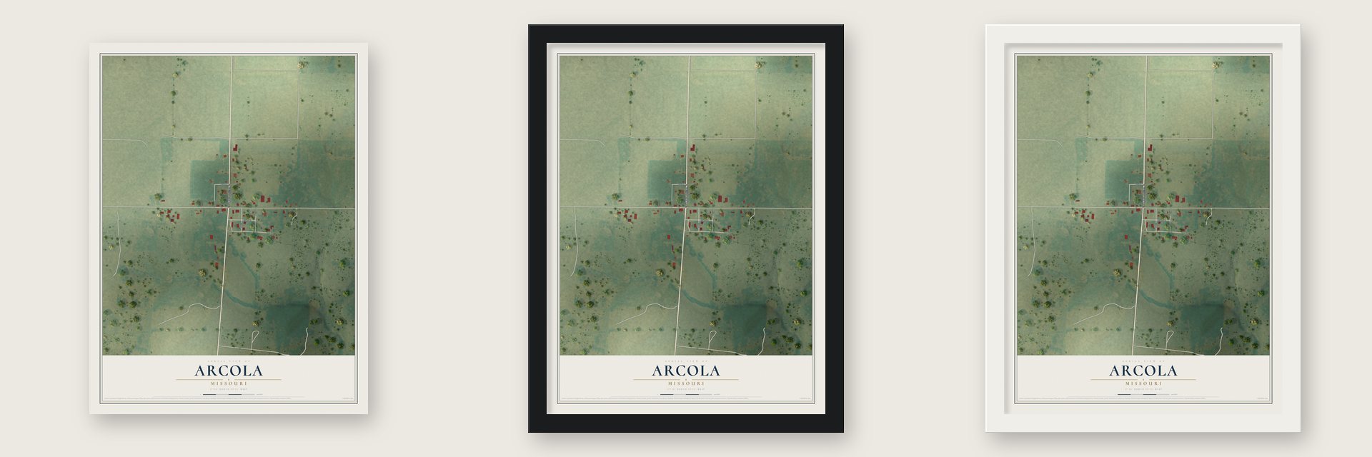 Arcola, Missouri map unframed, in a black wood frame and in a white wood frame