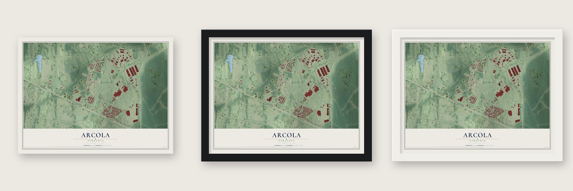 Arcola, Virginia map unframed, in a black wood frame and in a white wood frame