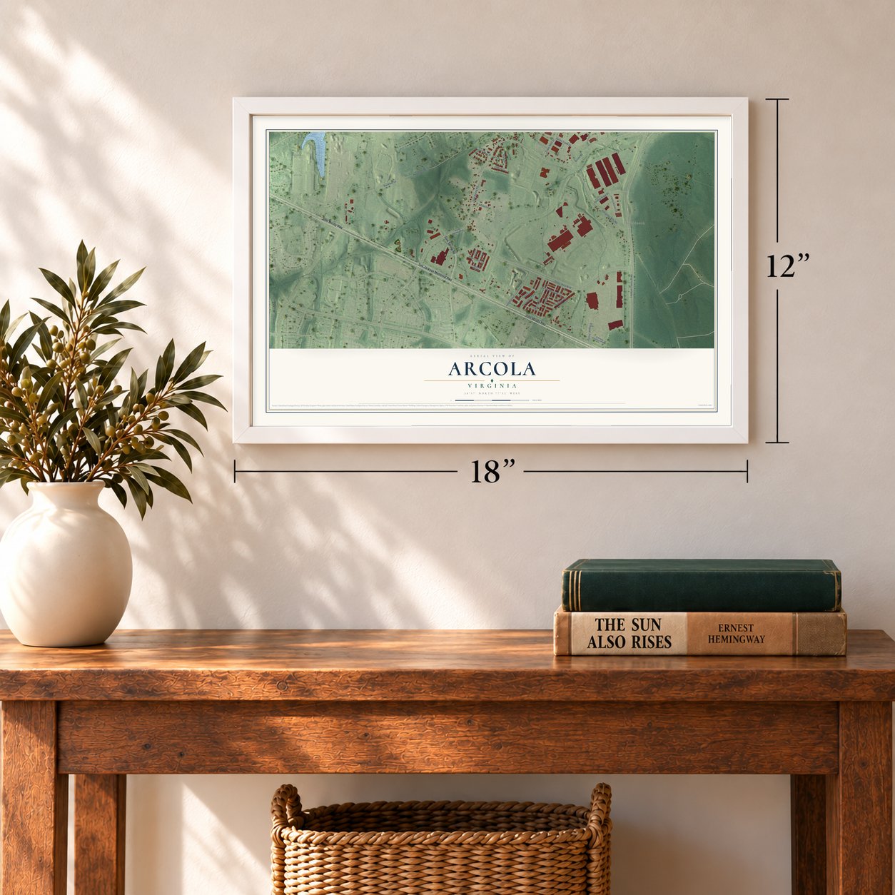 Arcola, Virginia map, 12 x 18 inch print in a white frame in an entryway