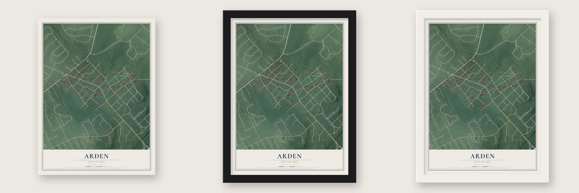 Arden, Delaware map unframed, in a black wood frame and in a white wood frame