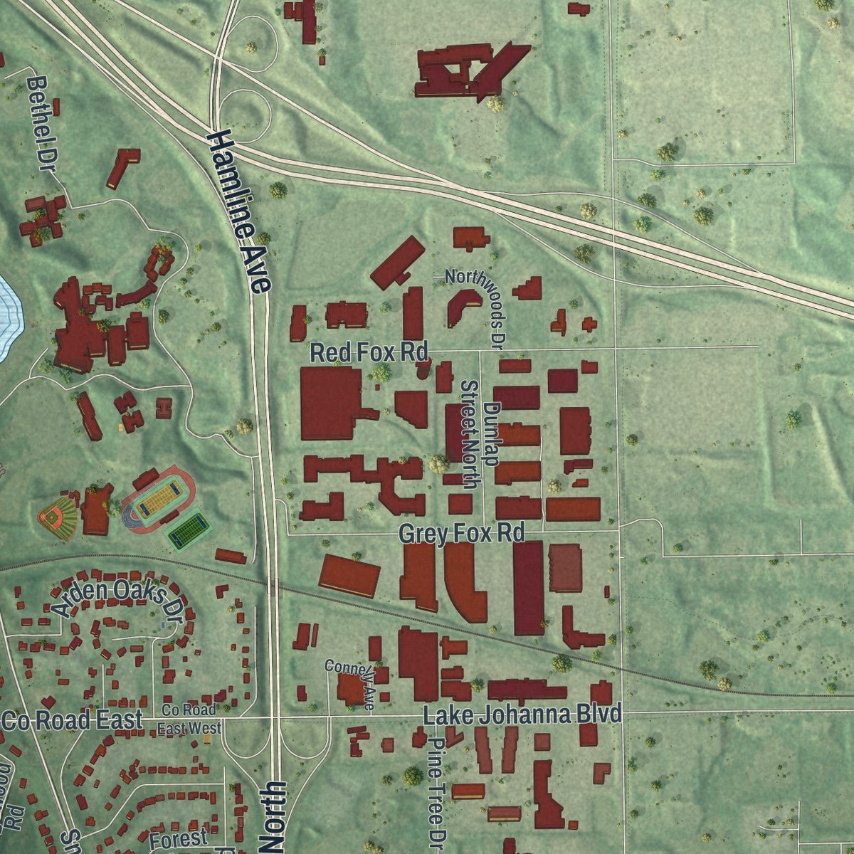 Second close-up of the map of Arden Hills, Minnesota print showing more streets and buildings