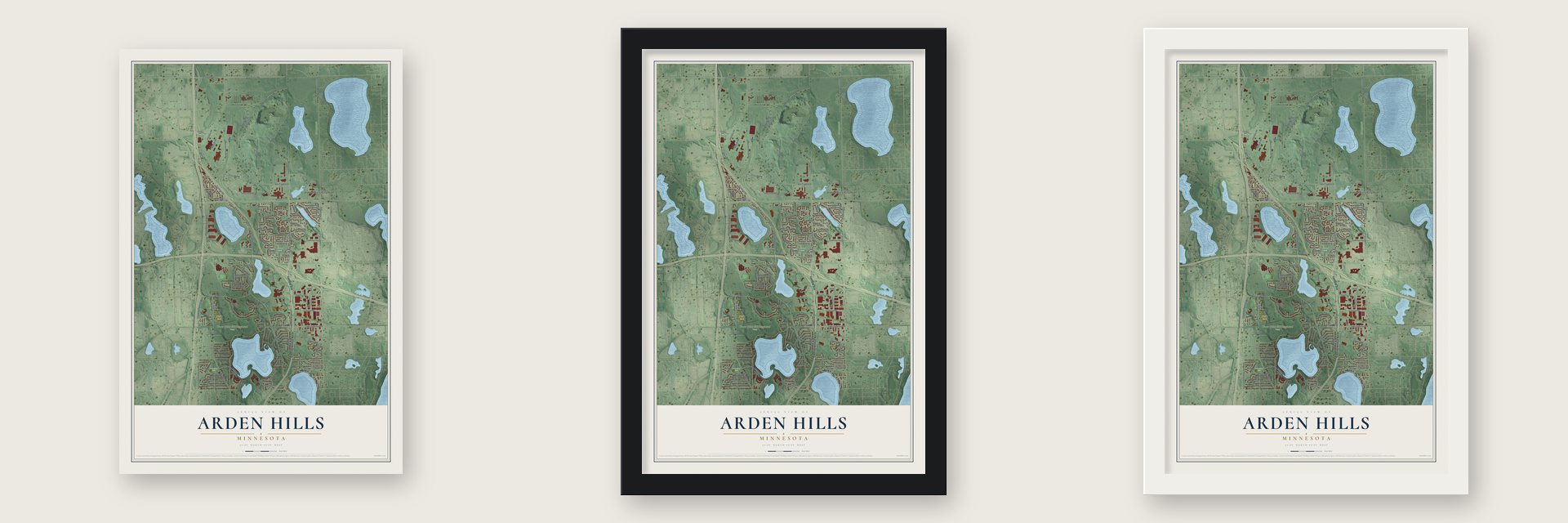 Arden Hills, Minnesota map unframed, in a black wood frame and in a white wood frame