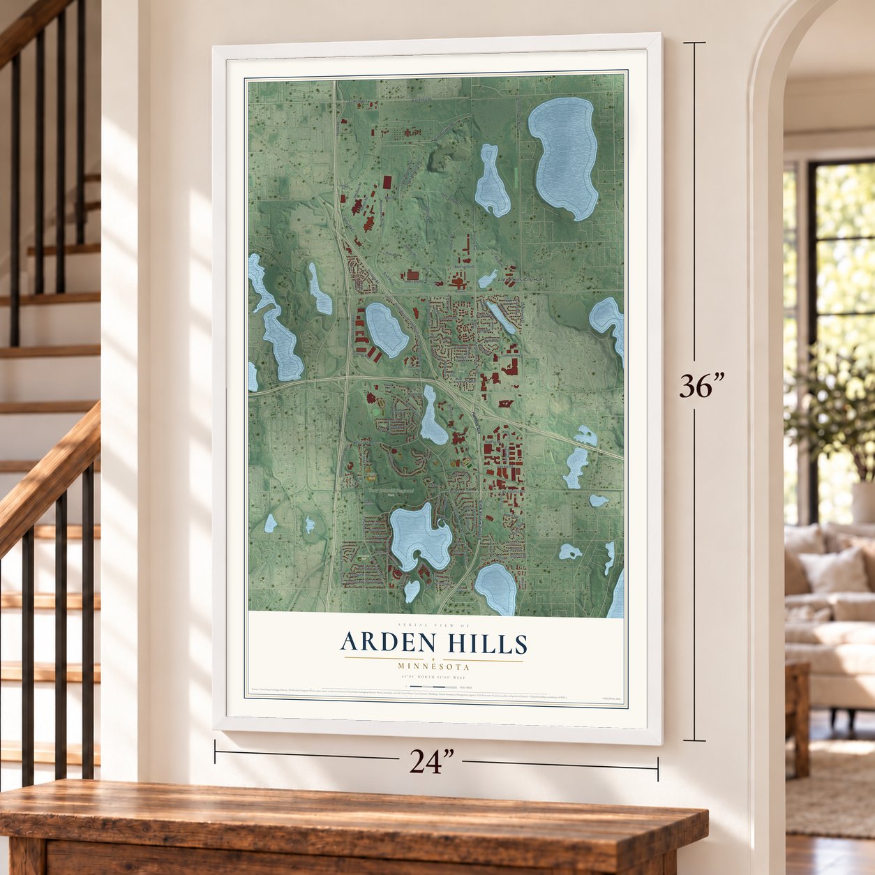Arden Hills, Minnesota map, 24 x 36 inch print in a white frame by a staircase