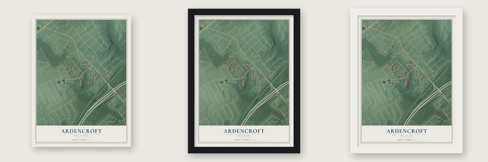 Ardencroft, Delaware map unframed, in a black wood frame and in a white wood frame