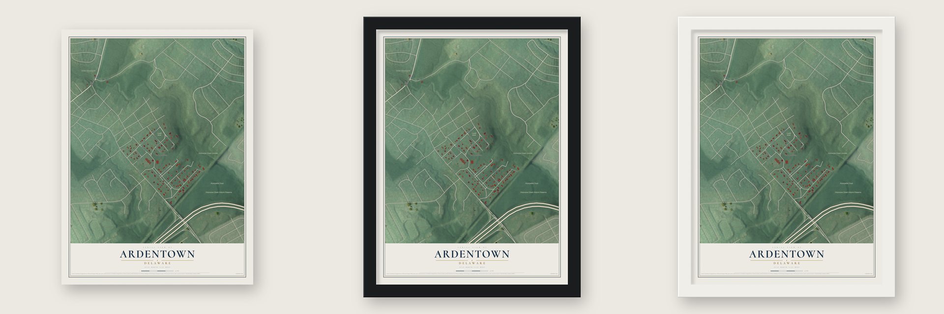 Ardentown, Delaware map unframed, in a black wood frame and in a white wood frame