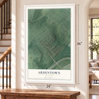 Ardentown, Delaware map, 24 x 36 inch print in a white frame by a staircase