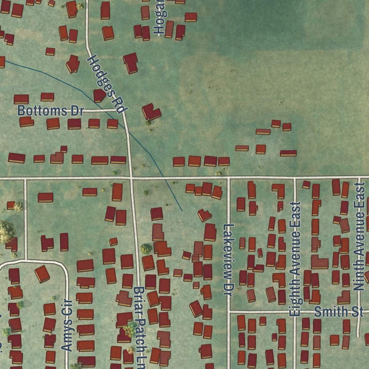 Second close-up of the map of Ardmore, Alabama print showing more streets and buildings