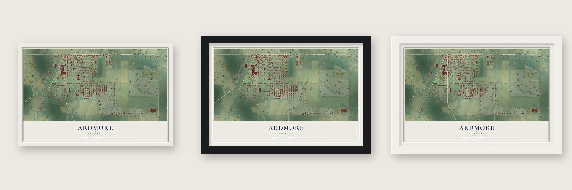 Ardmore, Alabama map unframed, in a black wood frame and in a white wood frame