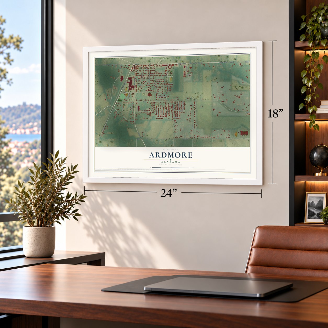 Ardmore, Alabama map, 18 x 24 inch print in a white frame in a home office
