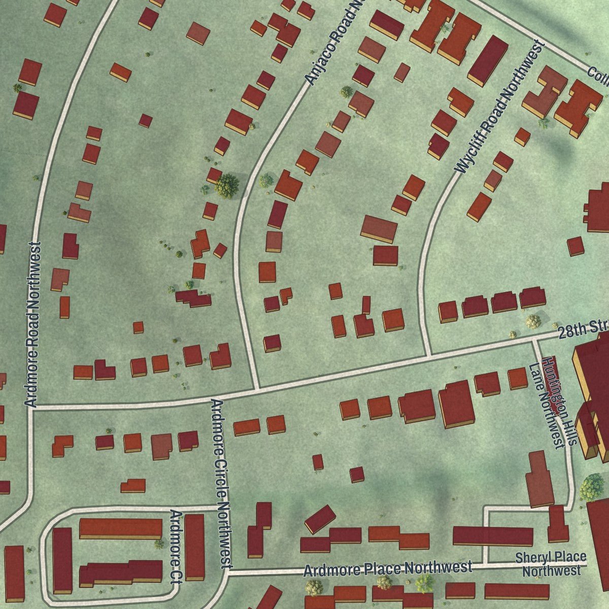 Second close-up of the map of Ardmore, Georgia print showing more streets and buildings