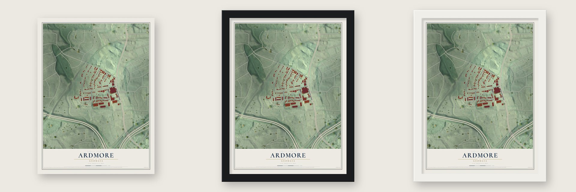 Ardmore, Georgia map unframed, in a black wood frame and in a white wood frame