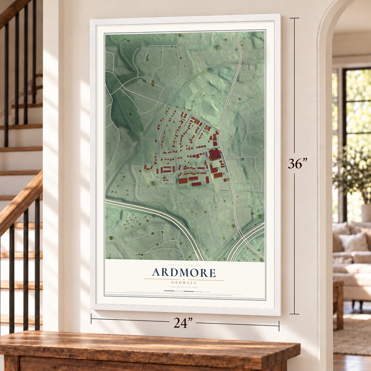 Ardmore, Georgia map, 24 x 36 inch print in a white frame by a staircase