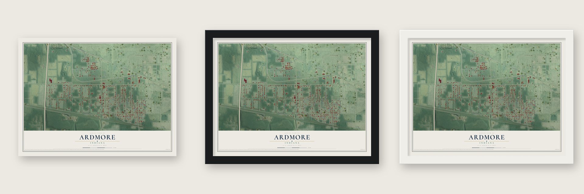 Ardmore, Indiana map unframed, in a black wood frame and in a white wood frame
