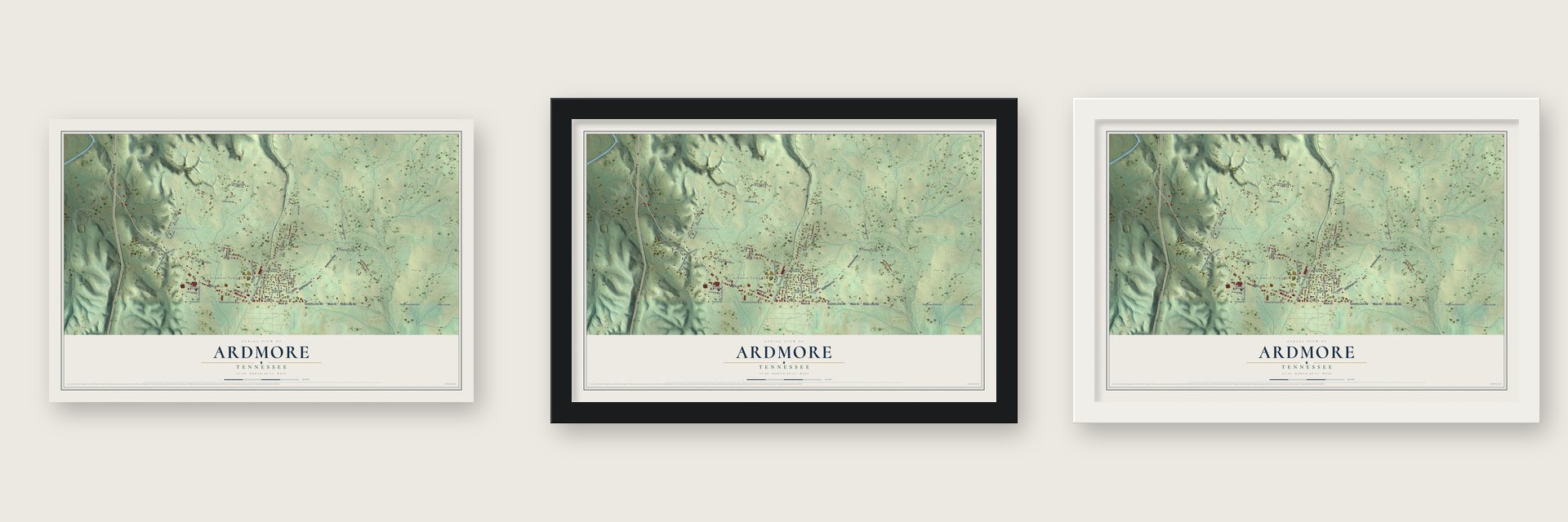 Ardmore, Tennessee map unframed, in a black wood frame and in a white wood frame