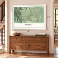 Ardmore, Tennessee map, 24 x 36 inch print in a white frame above a dresser by a staircase
