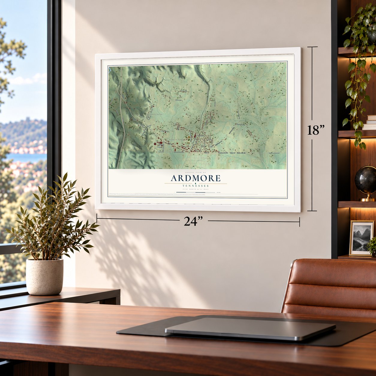 Ardmore, Tennessee map, 18 x 24 inch print in a white frame in a home office