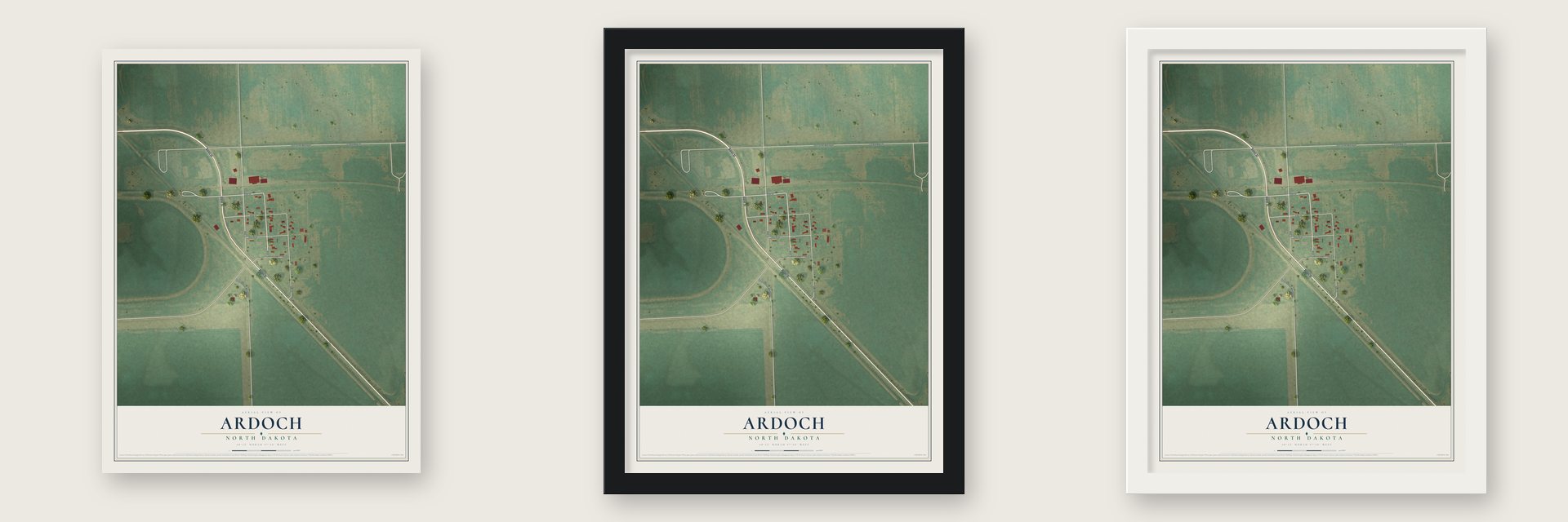 Ardoch, North Dakota map unframed, in a black wood frame and in a white wood frame