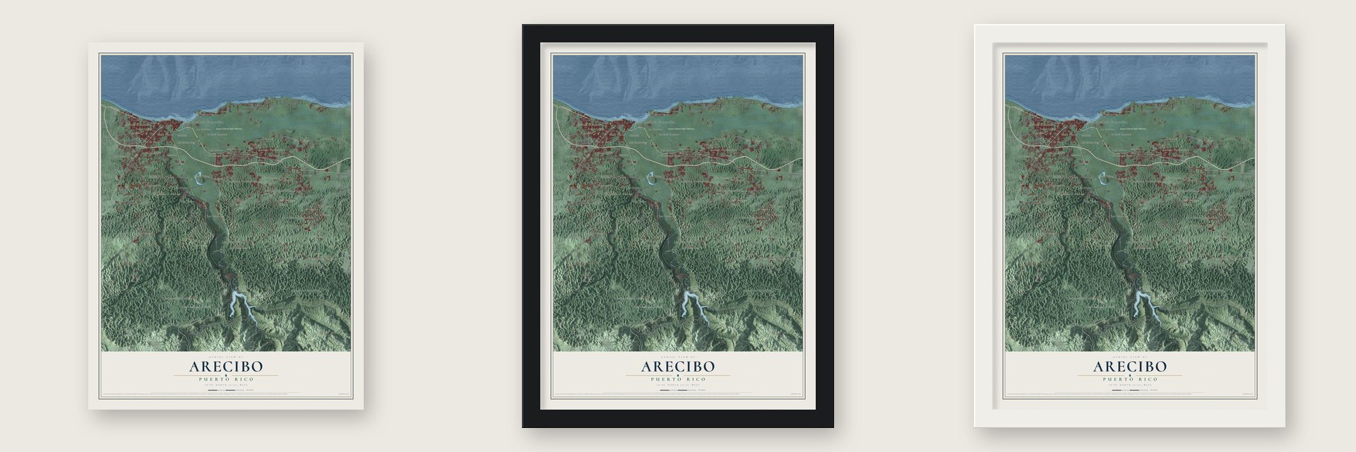 Arecibo, Puerto Rico map unframed, in a black wood frame and in a white wood frame