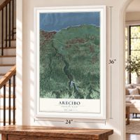 Arecibo, Puerto Rico map, 24 x 36 inch print in a white frame by a staircase