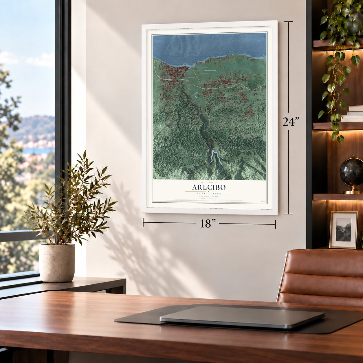 Arecibo, Puerto Rico map, 18 x 24 inch print in a white frame in a home office