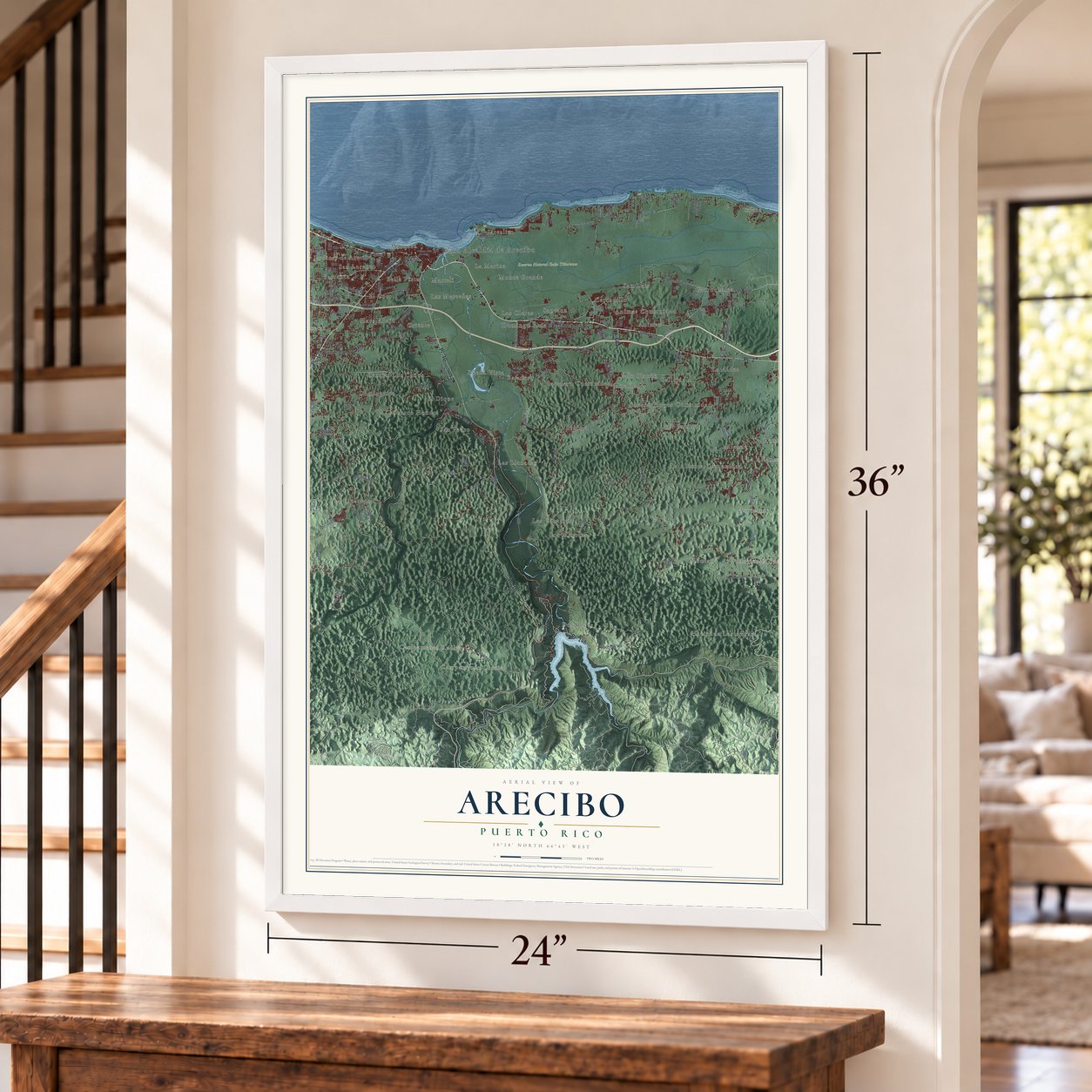 Arecibo, Puerto Rico map, 24 x 36 inch print in a white frame by a staircase