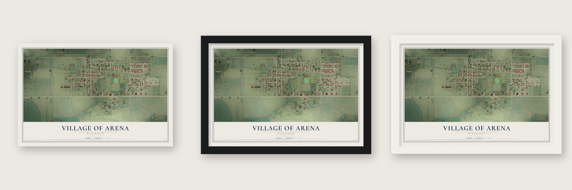 Arena, Wisconsin map unframed, in a black wood frame and in a white wood frame