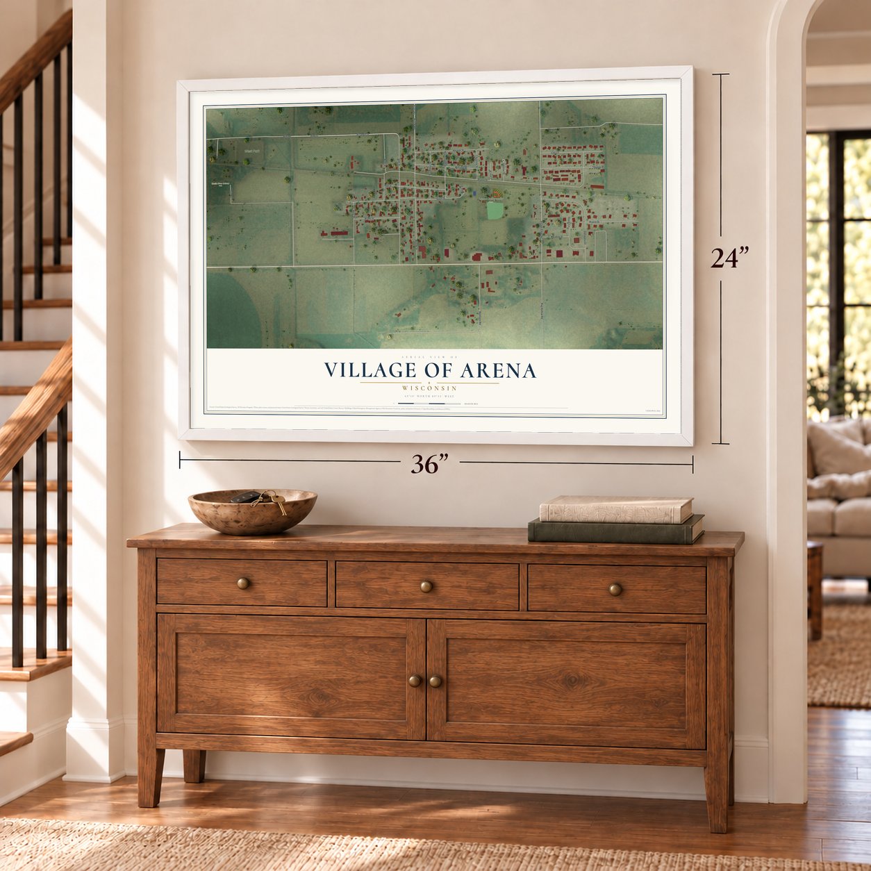 Arena, Wisconsin map, 24 x 36 inch print in a white frame above a dresser by a staircase
