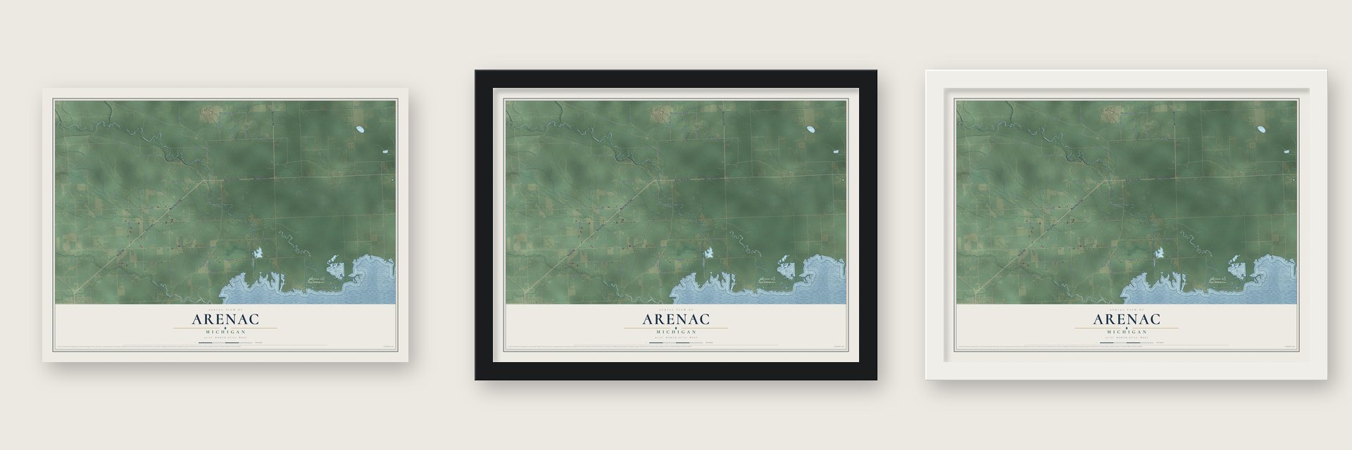 Arenac, Michigan map unframed, in a black wood frame and in a white wood frame