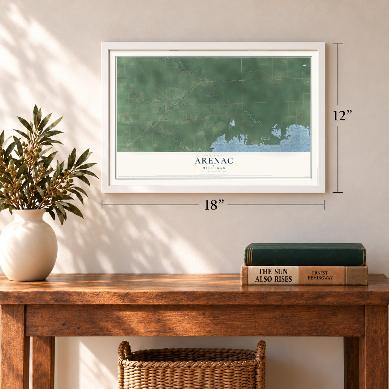 Arenac, Michigan map, 12 x 18 inch print in a white frame in an entryway
