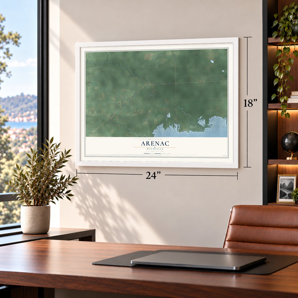 Arenac, Michigan map, 18 x 24 inch print in a white frame in a home office