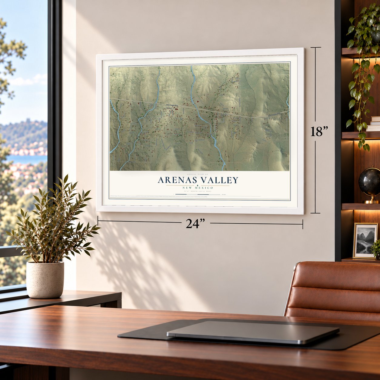 Arenas Valley, New Mexico map, 18 x 24 inch print in a white frame in a home office
