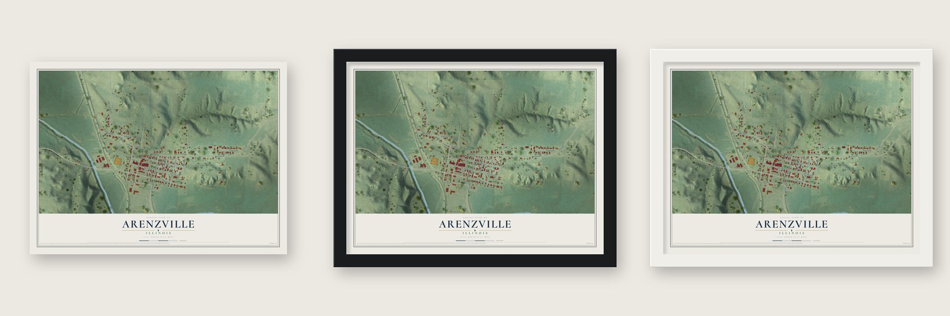 Arenzville, Illinois map unframed, in a black wood frame and in a white wood frame