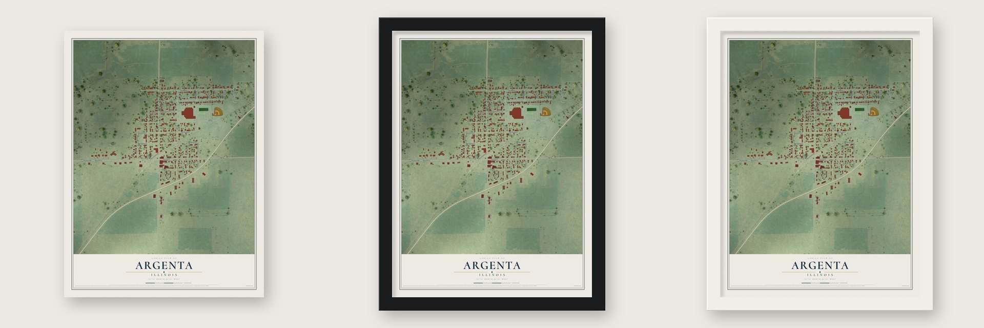 Argenta, Illinois map unframed, in a black wood frame and in a white wood frame