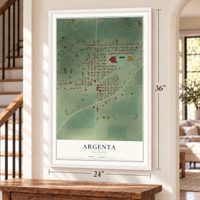 Argenta, Illinois map, 24 x 36 inch print in a white frame by a staircase