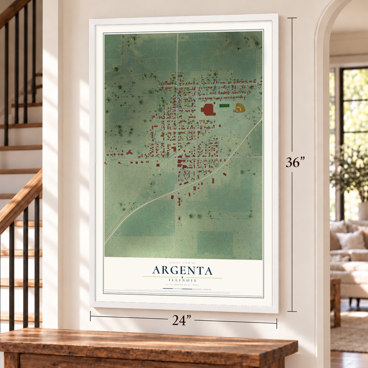 Argenta, Illinois map, 24 x 36 inch print in a white frame by a staircase