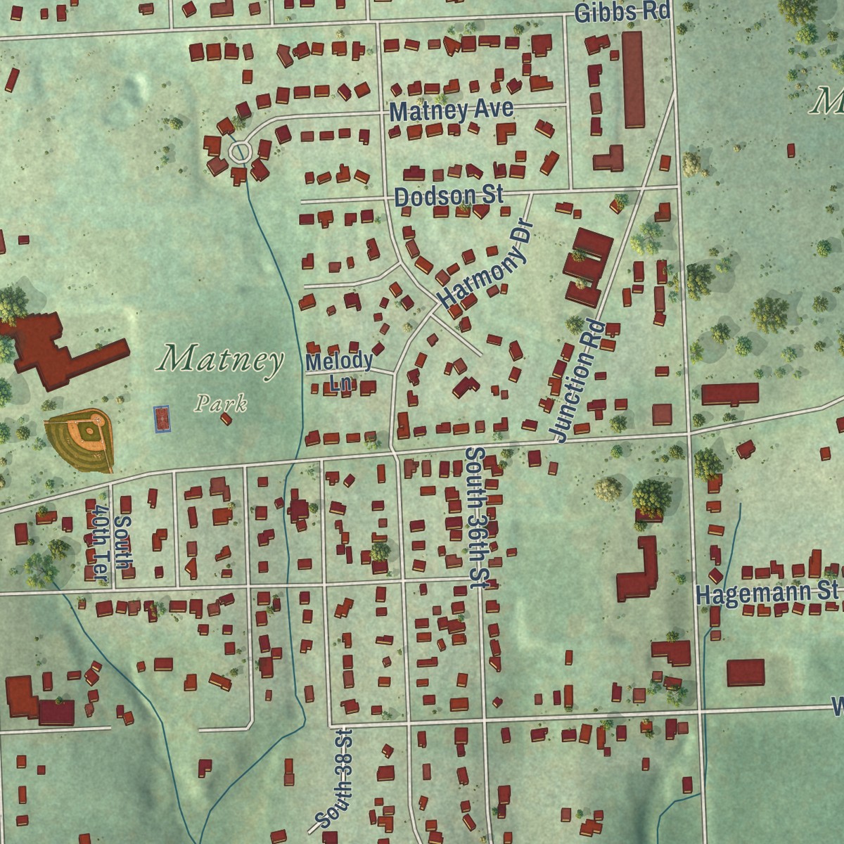 Second close-up of the map of Argentine, Kansas print showing more streets and buildings