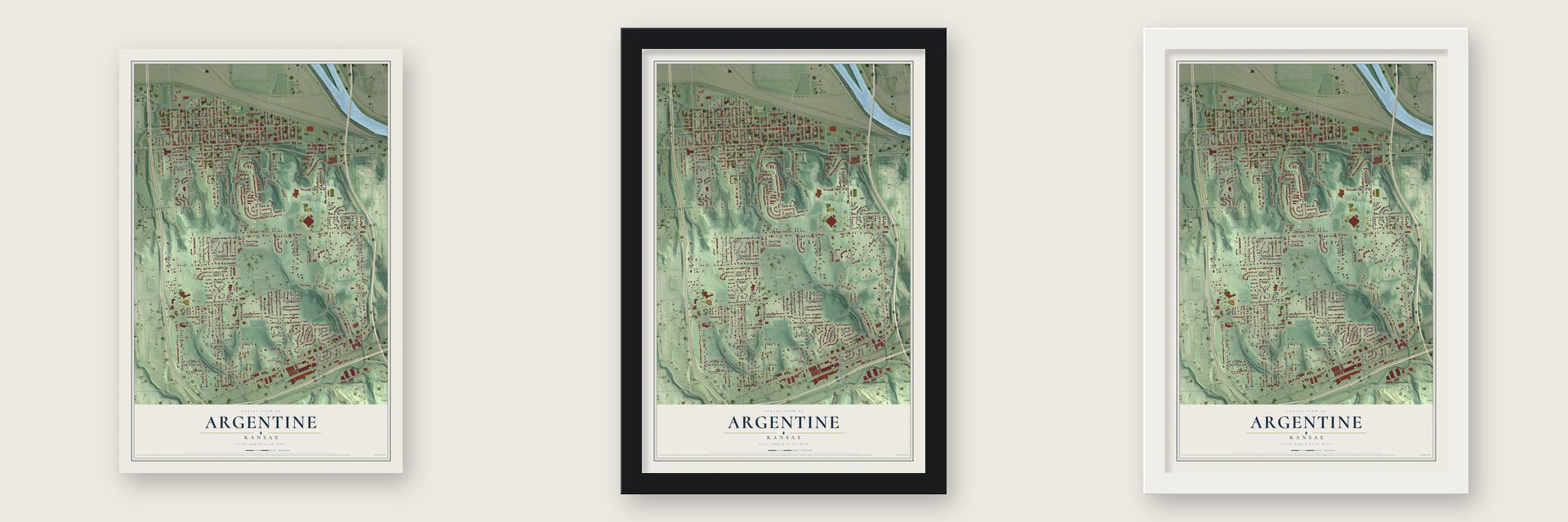 Argentine, Kansas map unframed, in a black wood frame and in a white wood frame