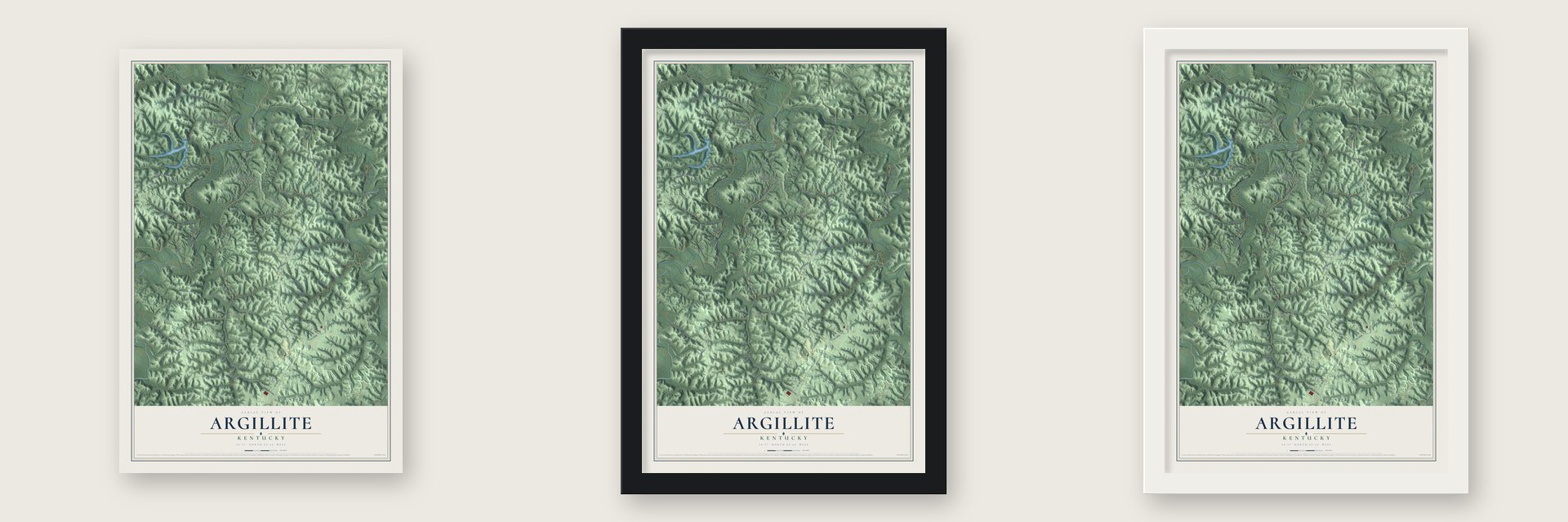 Argillite, Kentucky map unframed, in a black wood frame and in a white wood frame