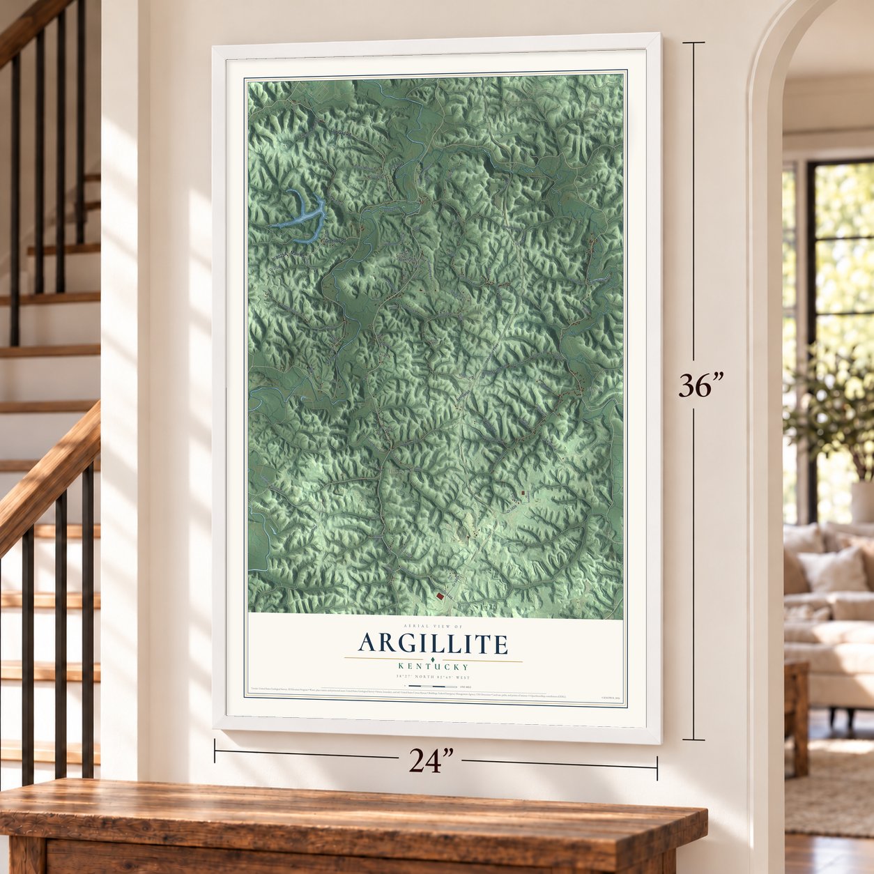 Argillite, Kentucky map, 24 x 36 inch print in a white frame by a staircase