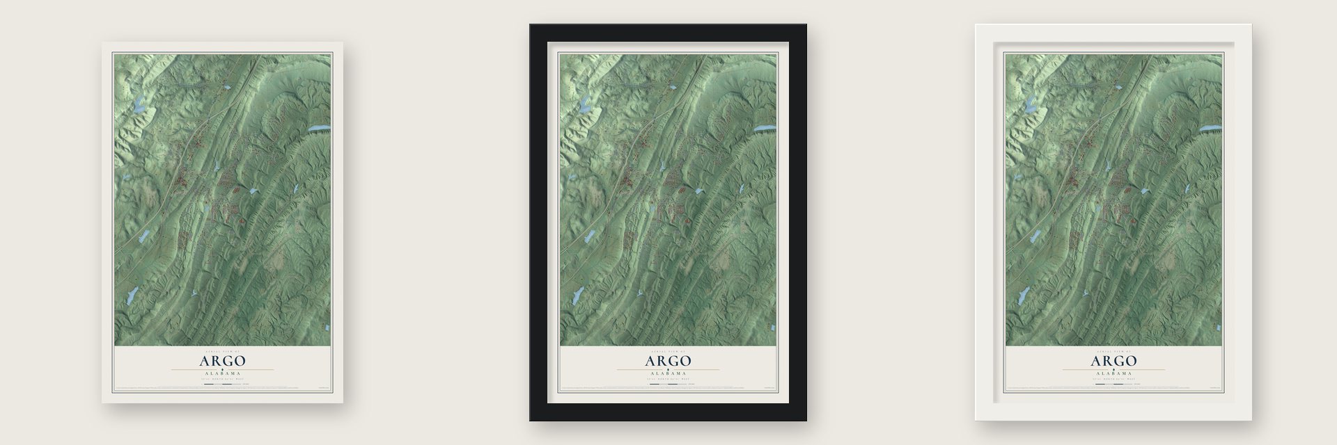 Argo, Alabama map unframed, in a black wood frame and in a white wood frame
