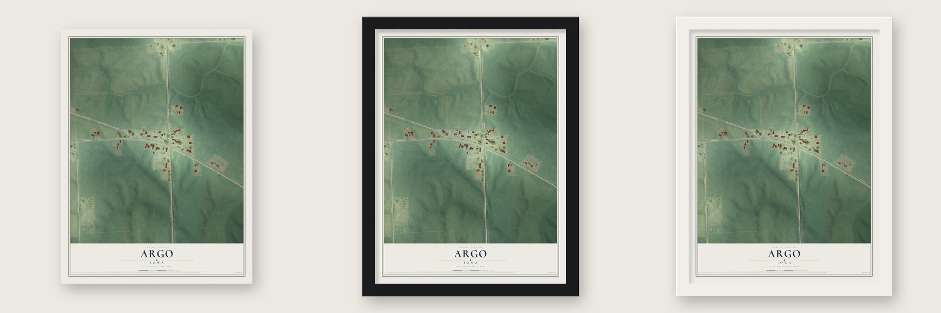 Argo, Iowa map unframed, in a black wood frame and in a white wood frame
